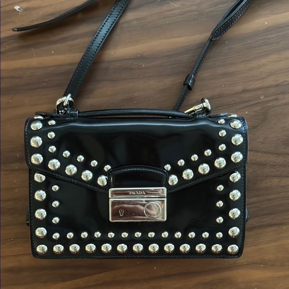 Prada Black and Silver Crossbody Bag with Studded Details